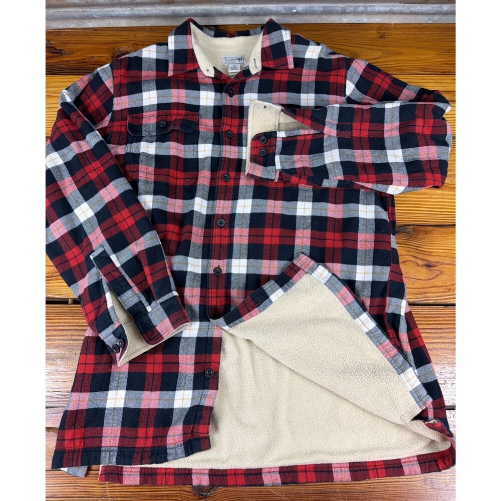 LL Bean Shirt Jacket Mens L-Tall Red Black Buffalo Plaid Sherpa Lined Flannel
